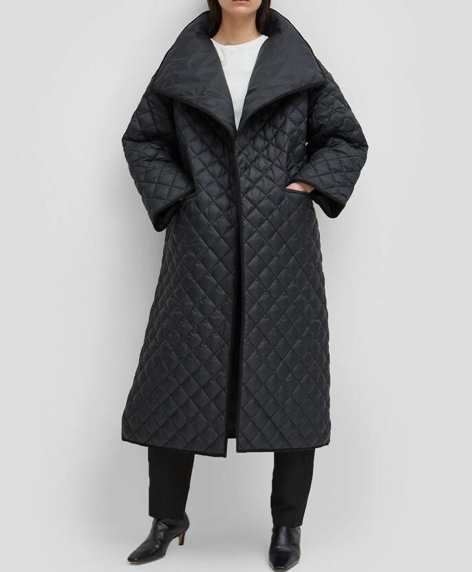 [ElfStyle] - Black Annecy quilted coat 여성 퍼널 드랩 칼라 오버 사이즈 패딩 랩 코트 오픈 프론트 사이드 슬릿 루스 코트